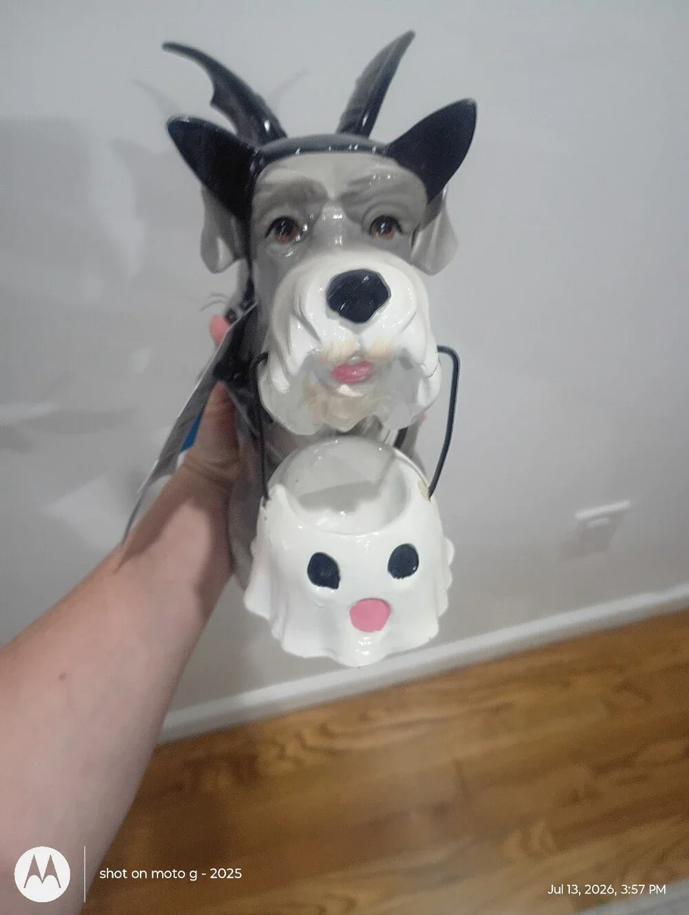 Halloween Schnauzer Dog Holding Ghost Bucket in Bat Custom Decor Figure